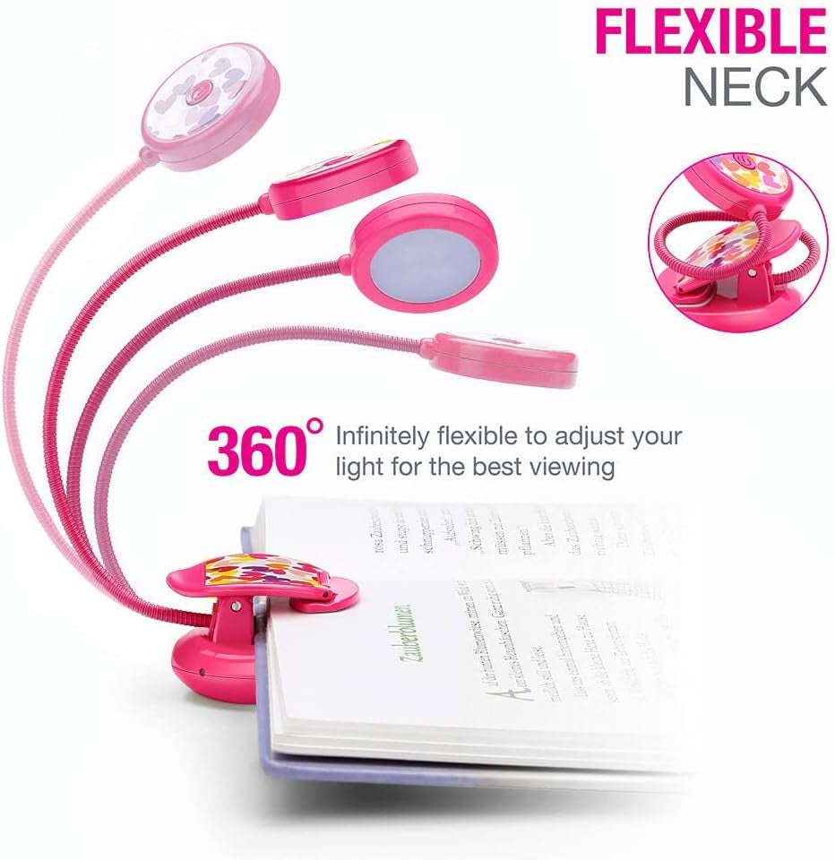 Cute Rechargeable Book Light, Eye-Care Clip on Lights for Reading in Bed, 3 Colors & 3 Brightness, 1.8Oz Lightweight, up to 40 Hours Useage, Great Gifts for Kids & Readers (Rose Red)