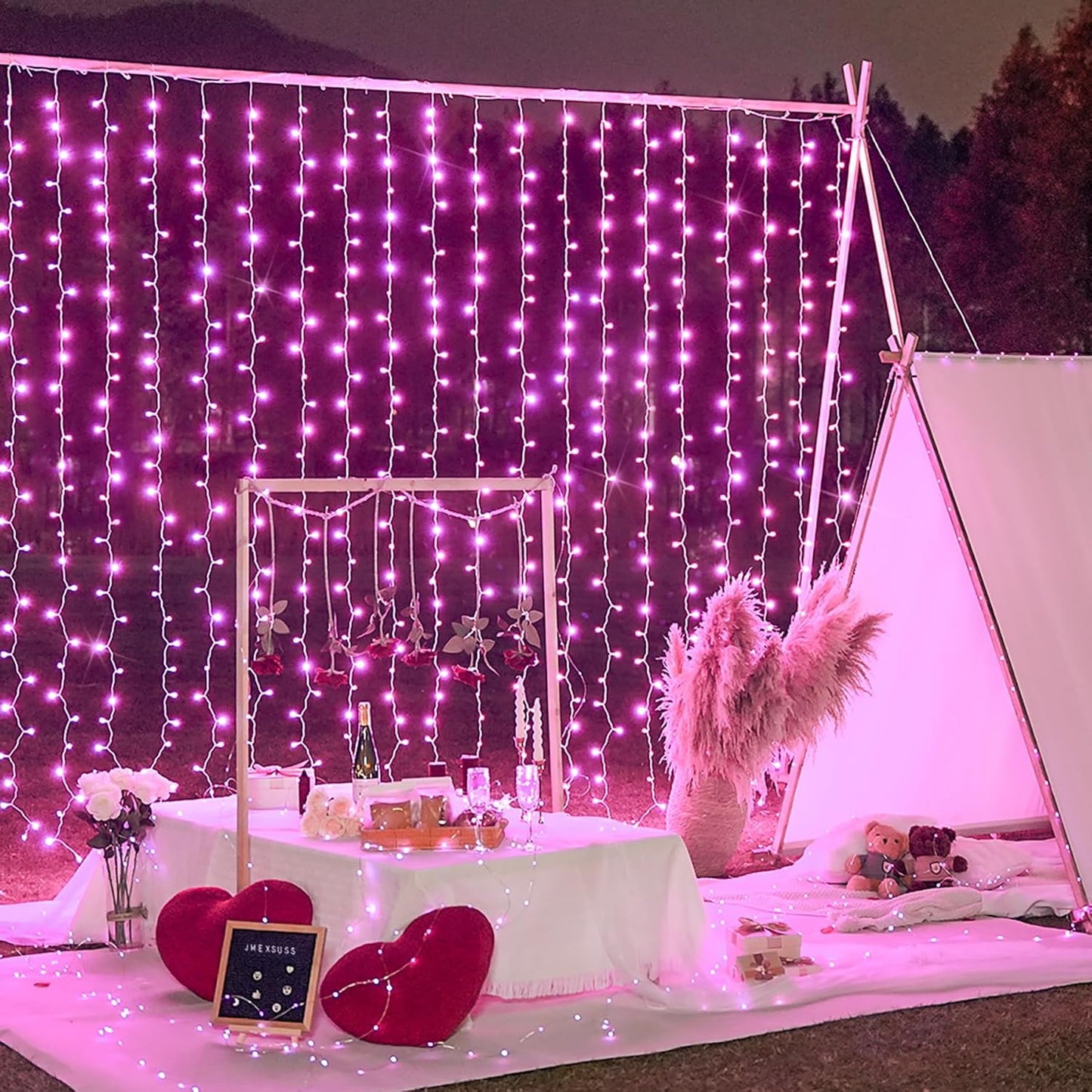 300 LED Pink Curtain Lights Indoor, Pink Christmas Lights Plug In, 8 Modes Pink String Lights for Bedroom Window Wall Party Backdrop Xmas Valentine Decorations, 9.8X9.8Ft