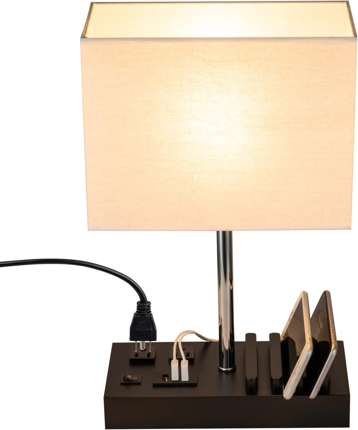 USB Table Lamp, Multi-Functional Bedside Desk Lamp with 2 AC Outlets, 3 USB Charging Ports and Wooden Phone Stand Organizer, Ideal Nightstand Lamp for Bedroom, Black Shade