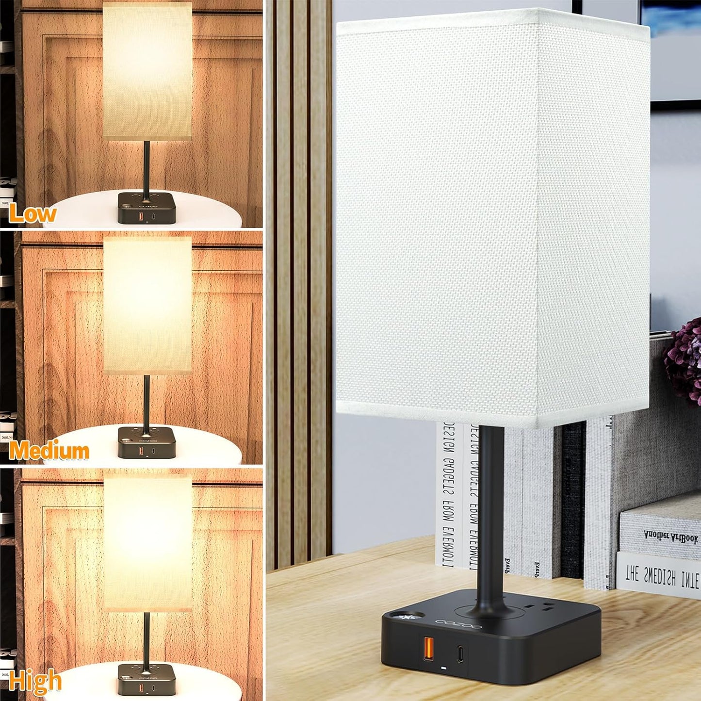 Table Lamp Dimmable  USB Bedside Table Desk Lamp with 2 USB Charging Port(A+C) 2 Outlet,Nightstand Lamp with Charger Base White Fabric Shade,Led Touch Lamp for Bedroom/Livingroom/Dorm/Home Office