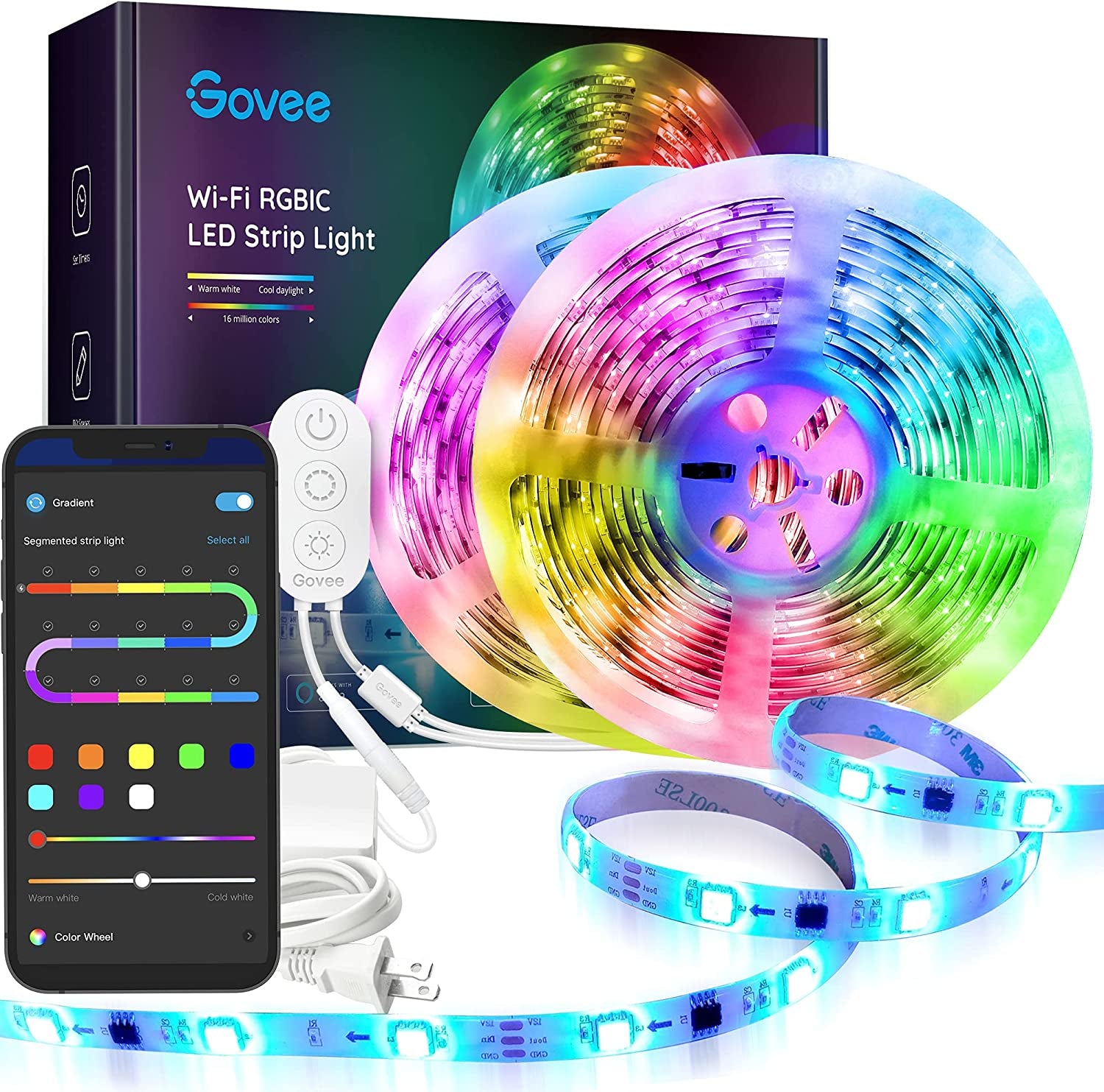 32.8Ft RGBIC LED Strip Lights, Wifi Color Changing LED Lights Segmented Control, Work with Alexa and Google Assistant, Music LED Lights for Bedroom, Kitchen, Party, 2X16.4Ft