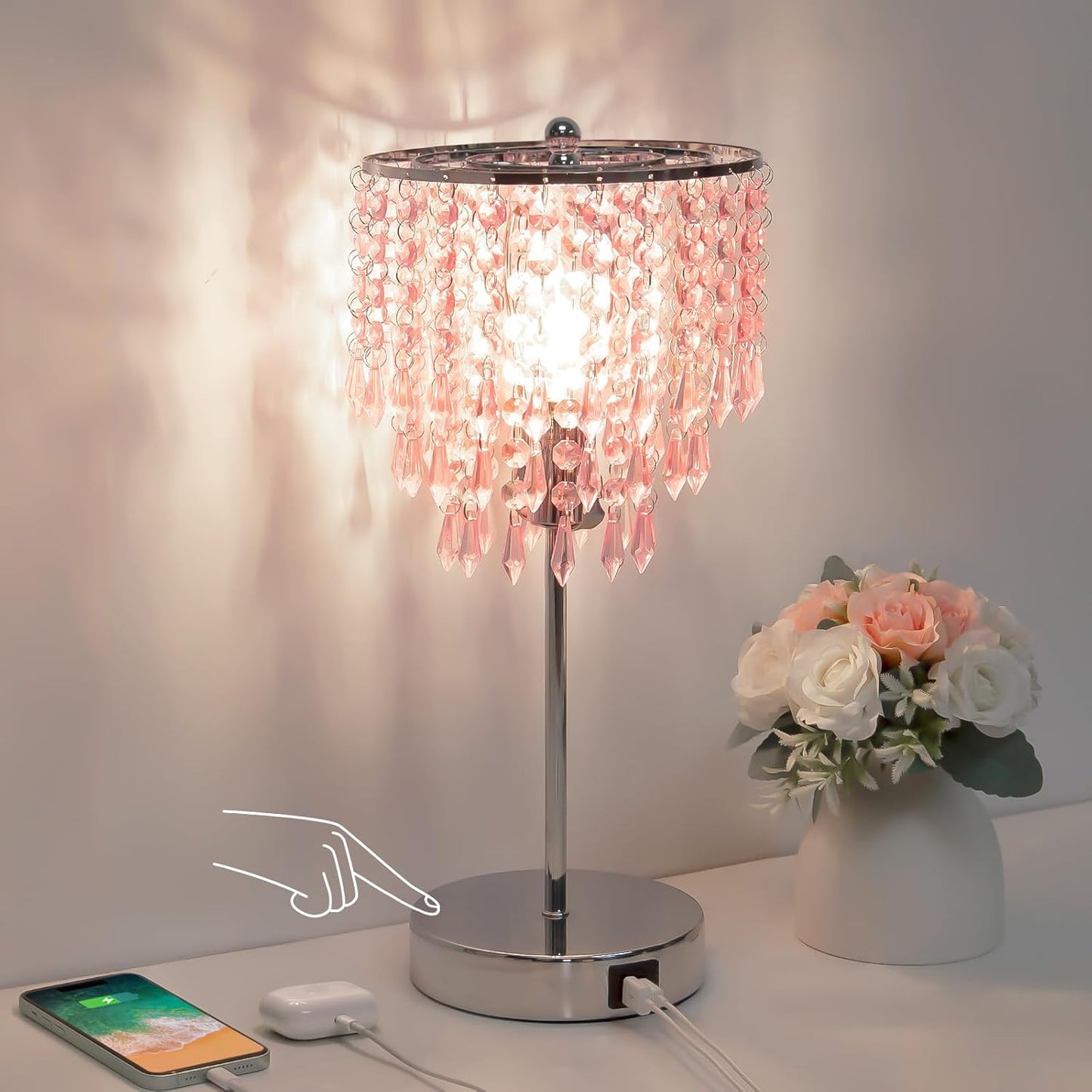 Touch Control Crystal Table Lamp with USB C+A Charging Ports, 3-Way Dimmable Bedside Touch Lamp Decorative Nightstand Lamp with Elegant Lamp Shade for Living Room Bedroom, B11 LED Bulb Included