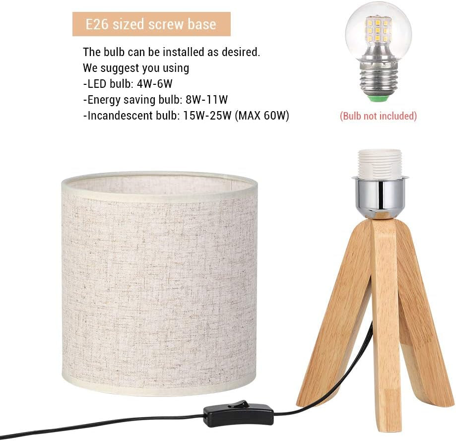 Small Bedside Table Lamp - Wooden Tripod Nightstand Lamp for Bedroom, Living Room, Office, Home with Fabric Linen Shade - 13.4 Inches (Without Bulb)