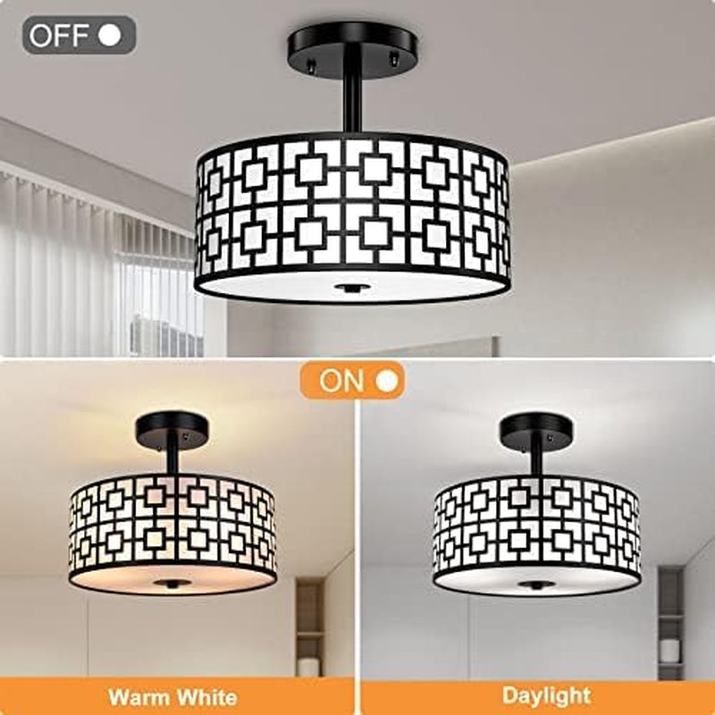 DLLT Flush Mount Ceiling Light: Modern 3-Light Semi Flush Mount Ceiling Light Fixture - Drum Kitchen Lighting Fixture for Dining Room - Black Bedroom Ceiling Lamp with Double Shade