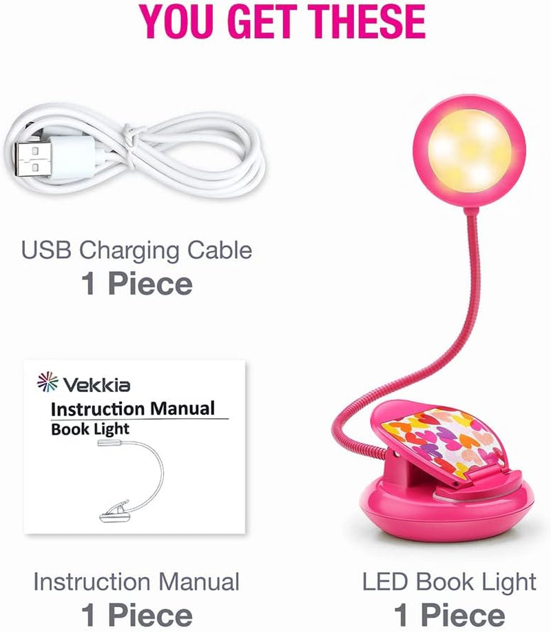 Cute Rechargeable Book Light, Eye-Care Clip on Lights for Reading in Bed, 3 Colors & 3 Brightness, 1.8Oz Lightweight, up to 40 Hours Useage, Great Gifts for Kids & Readers (Rose Red)