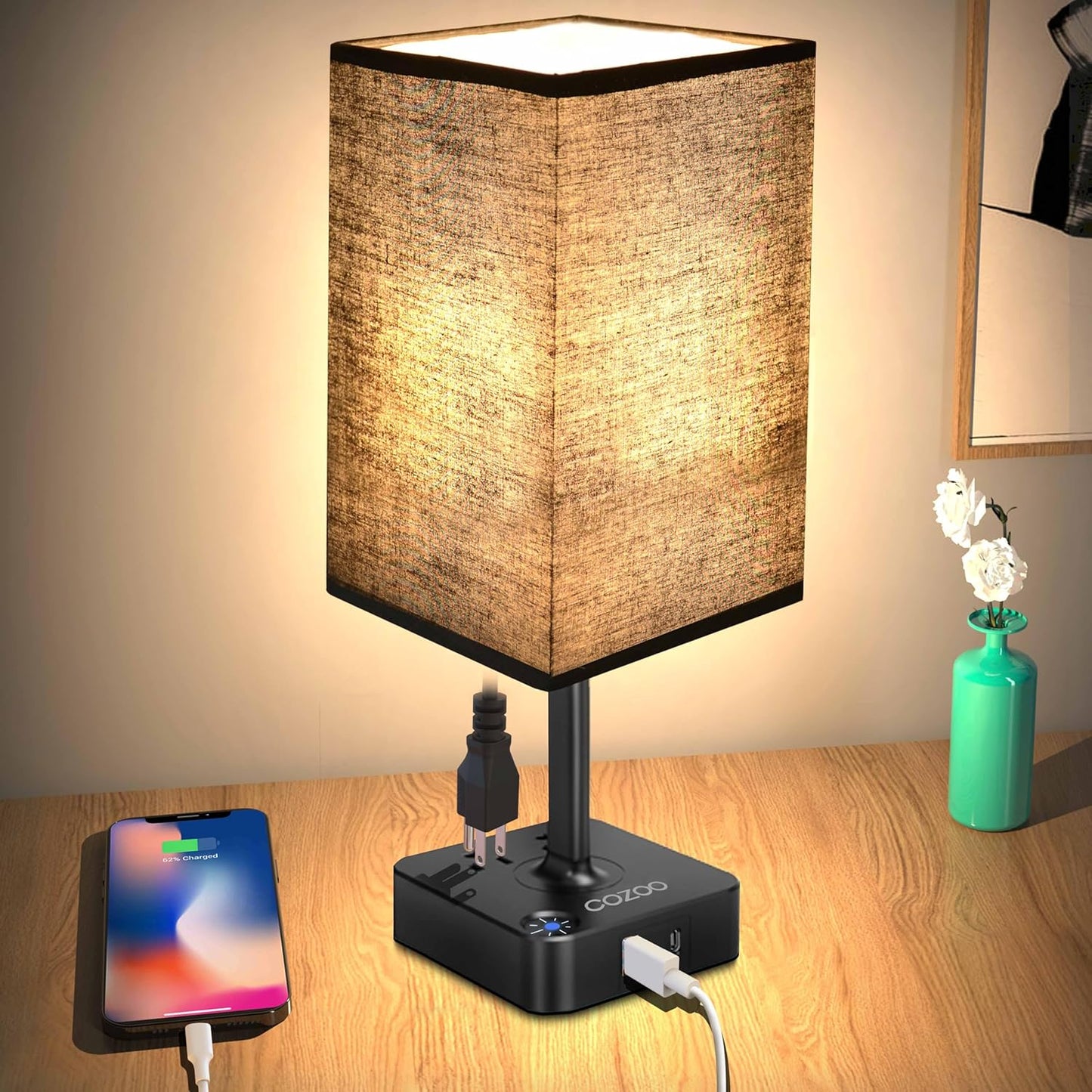 Table Lamp Dimmable  USB Bedside Table Desk Lamp with 2 USB Charging Port(A+C) 2 Outlet,Nightstand Lamp with Charger Base White Fabric Shade,Led Touch Lamp for Bedroom/Livingroom/Dorm/Home Office