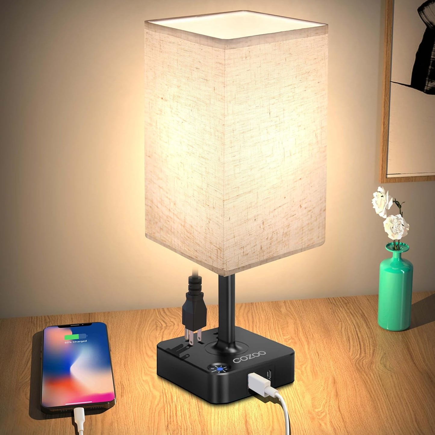 Table Lamp Dimmable  USB Bedside Table Desk Lamp with 2 USB Charging Port(A+C) 2 Outlet,Nightstand Lamp with Charger Base White Fabric Shade,Led Touch Lamp for Bedroom/Livingroom/Dorm/Home Office