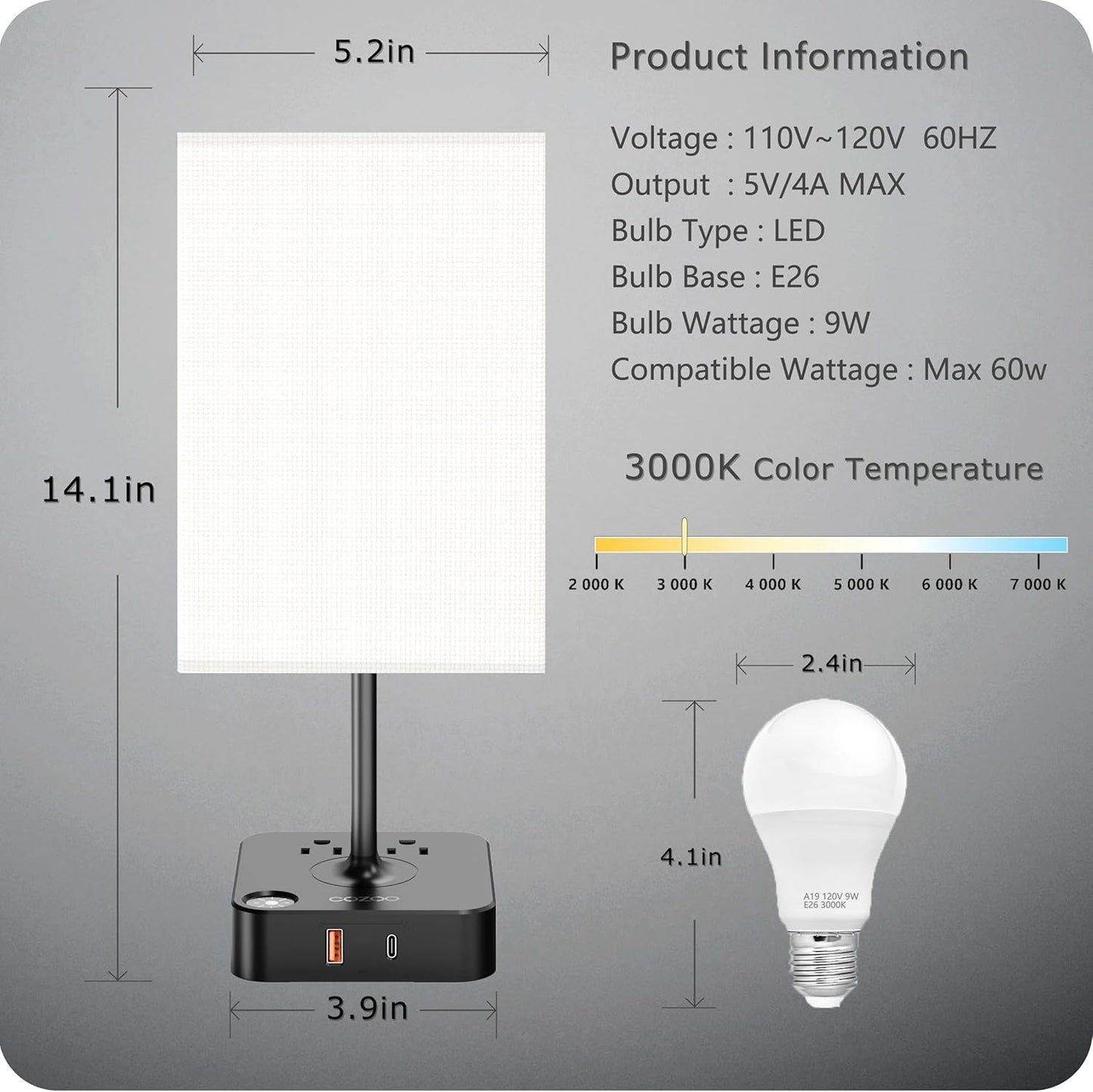 Table Lamp Dimmable  USB Bedside Table Desk Lamp with 2 USB Charging Port(A+C) 2 Outlet,Nightstand Lamp with Charger Base White Fabric Shade,Led Touch Lamp for Bedroom/Livingroom/Dorm/Home Office