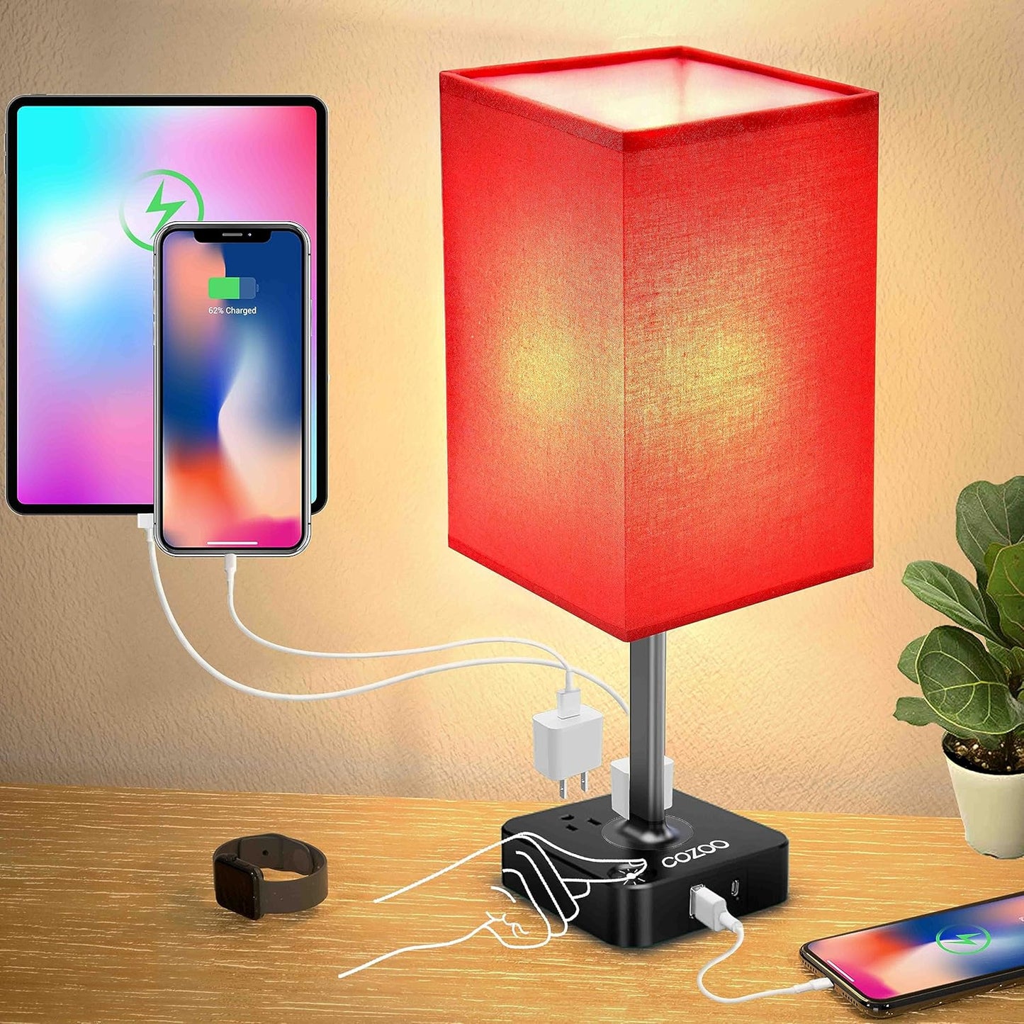 Table Lamp Dimmable  USB Bedside Table Desk Lamp with 2 USB Charging Port(A+C) 2 Outlet,Nightstand Lamp with Charger Base White Fabric Shade,Led Touch Lamp for Bedroom/Livingroom/Dorm/Home Office