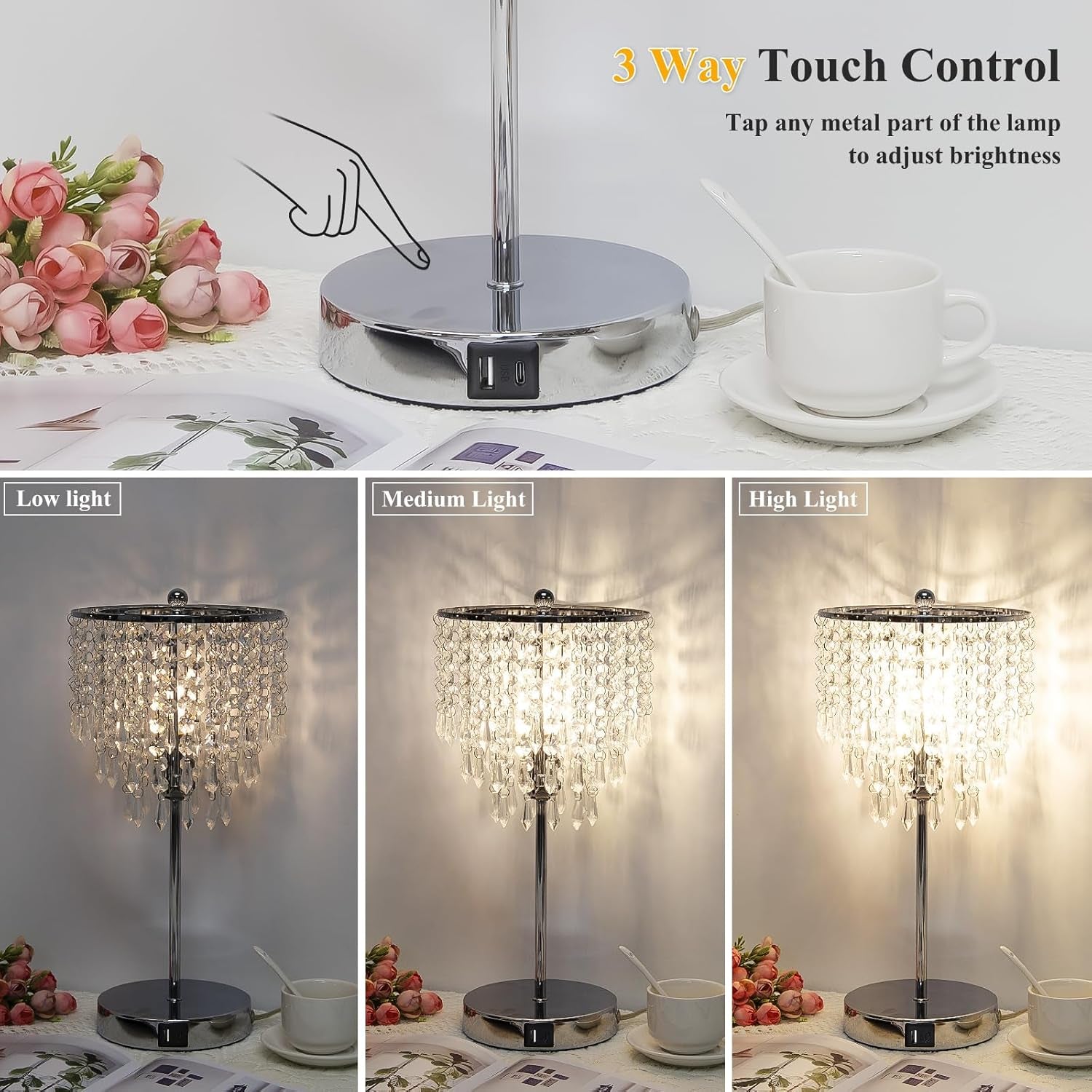 Touch Control Crystal Table Lamp with USB C+A Charging Ports, 3-Way Dimmable Bedside Touch Lamp Decorative Nightstand Lamp with Elegant Lamp Shade for Living Room Bedroom, B11 LED Bulb Included