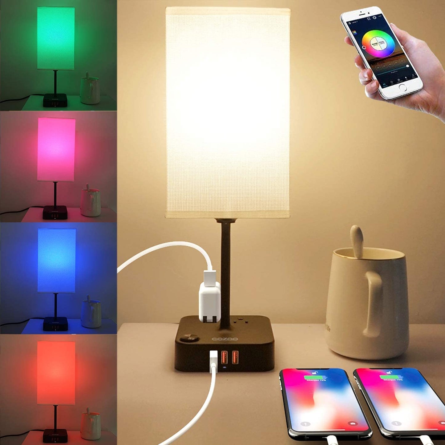 Table Lamp Dimmable  USB Bedside Table Desk Lamp with 2 USB Charging Port(A+C) 2 Outlet,Nightstand Lamp with Charger Base White Fabric Shade,Led Touch Lamp for Bedroom/Livingroom/Dorm/Home Office