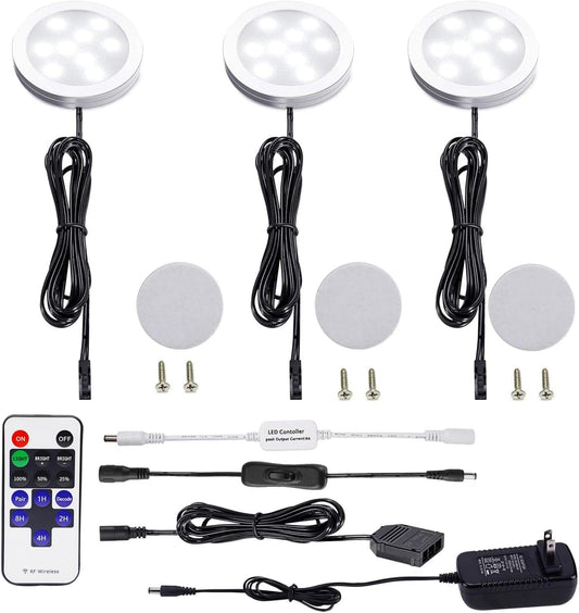 Dimmable LED under Cabinet Puck Lights 3 Lamps Kit with RF Remote Control for Home Kitchen Counter Lighting (Daylight White 6000K)