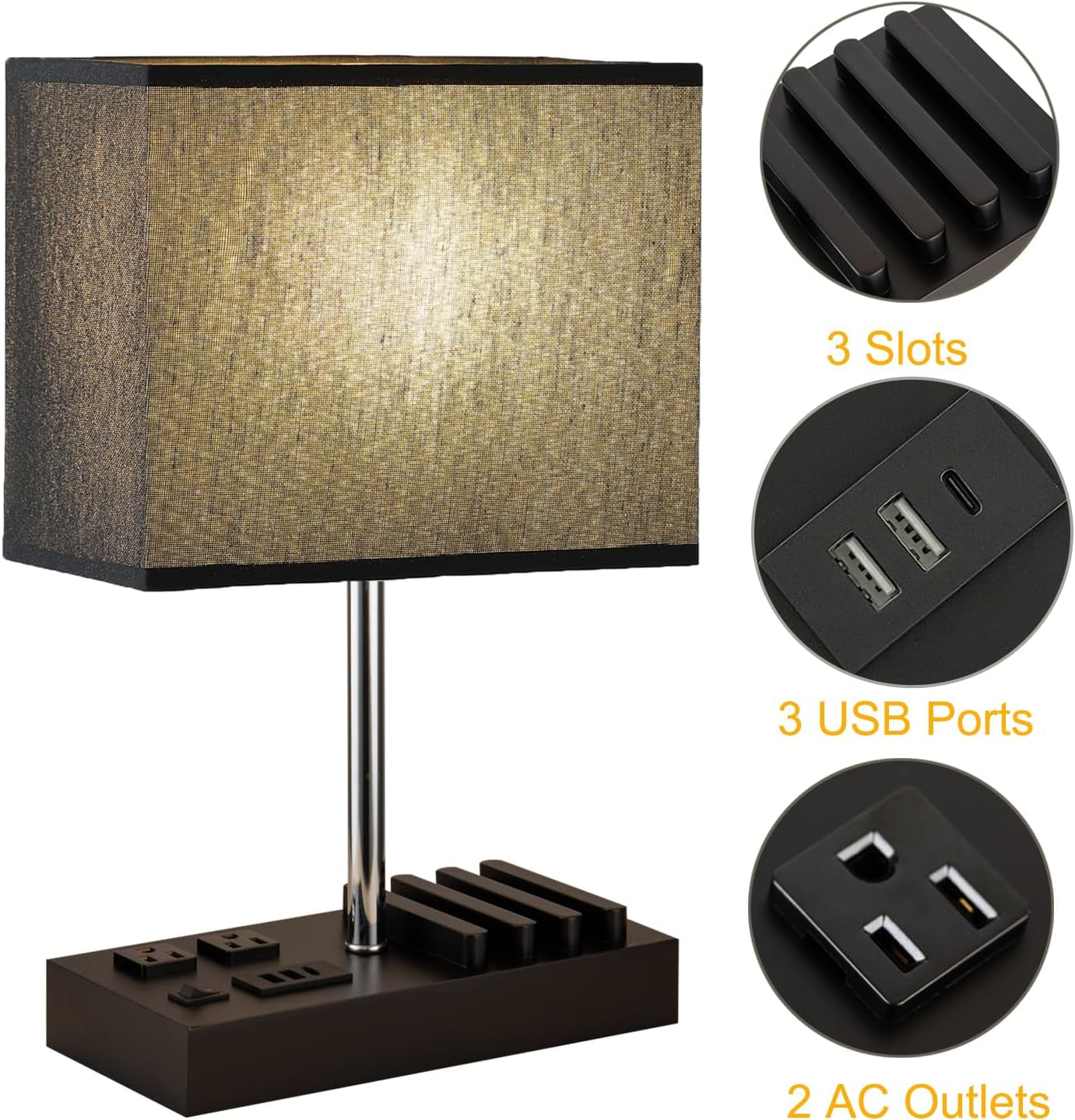 USB Table Lamp, Multi-Functional Bedside Desk Lamp with 2 AC Outlets, 3 USB Charging Ports and Wooden Phone Stand Organizer, Ideal Nightstand Lamp for Bedroom, Black Shade