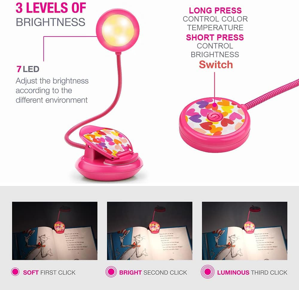 Cute Rechargeable Book Light, Eye-Care Clip on Lights for Reading in Bed, 3 Colors & 3 Brightness, 1.8Oz Lightweight, up to 40 Hours Useage, Great Gifts for Kids & Readers (Rose Red)