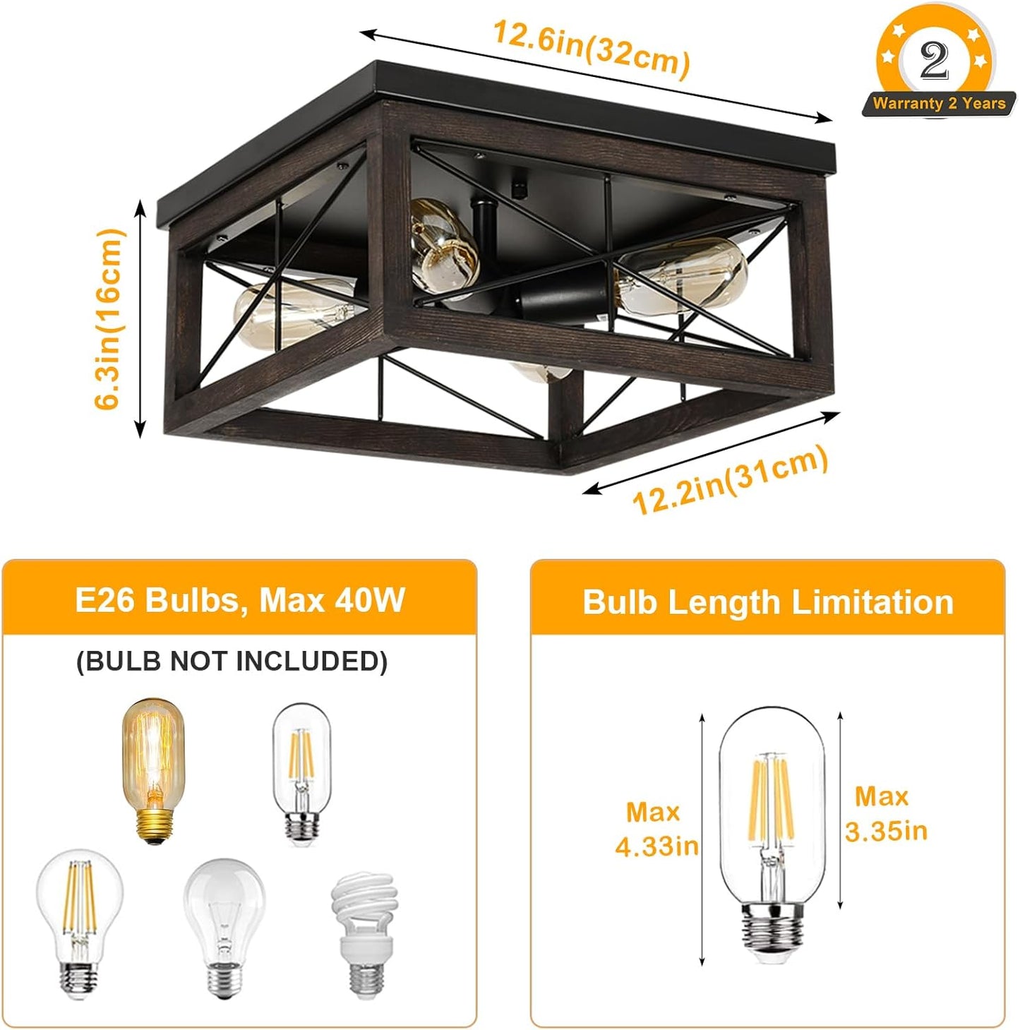 Wooden Flush Mount Ceiling Light, 4-Light Rustic Farmhouse Light Fixtures, Industrial Square Ceiling Light Fixture with E26 Socket for Kitchen Entryway Living Room Dining Room Bedroom