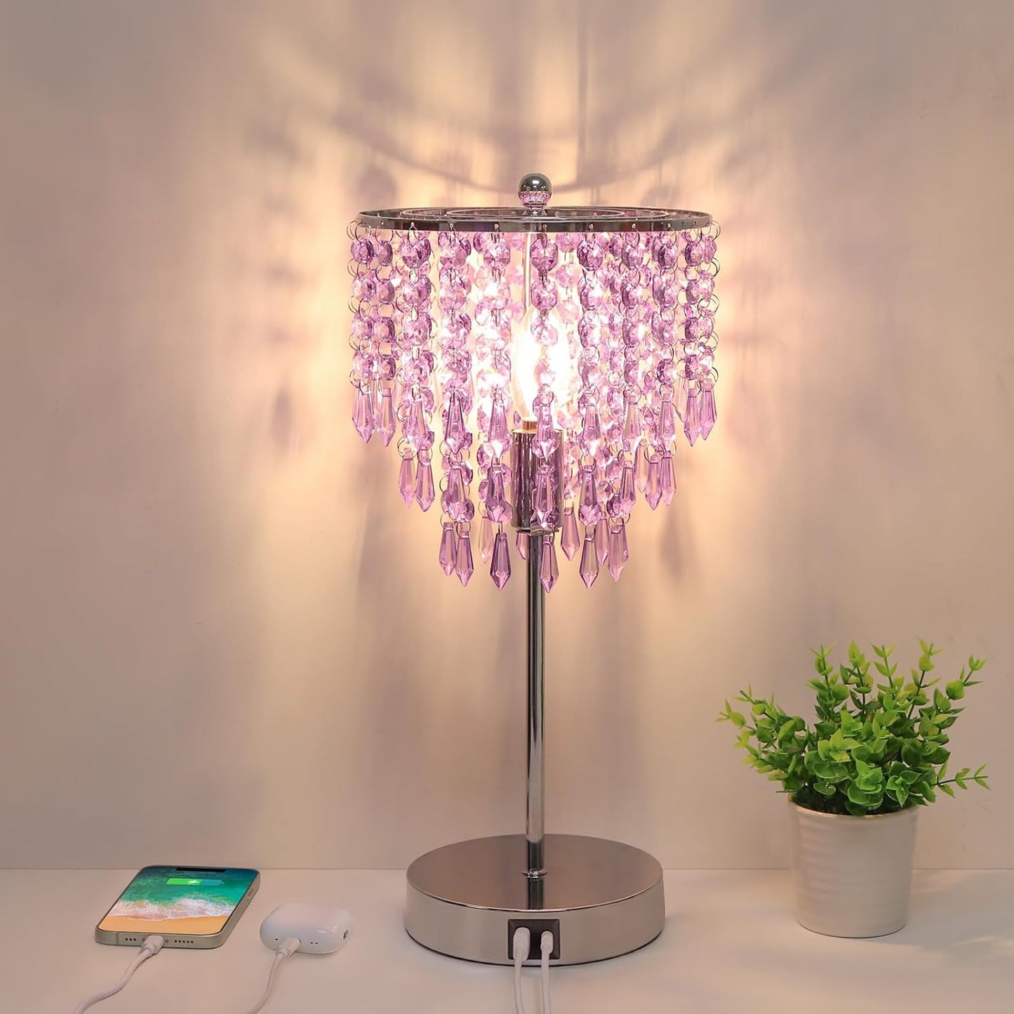 Touch Control Crystal Table Lamp with USB C+A Charging Ports, 3-Way Dimmable Bedside Touch Lamp Decorative Nightstand Lamp with Elegant Lamp Shade for Living Room Bedroom, B11 LED Bulb Included