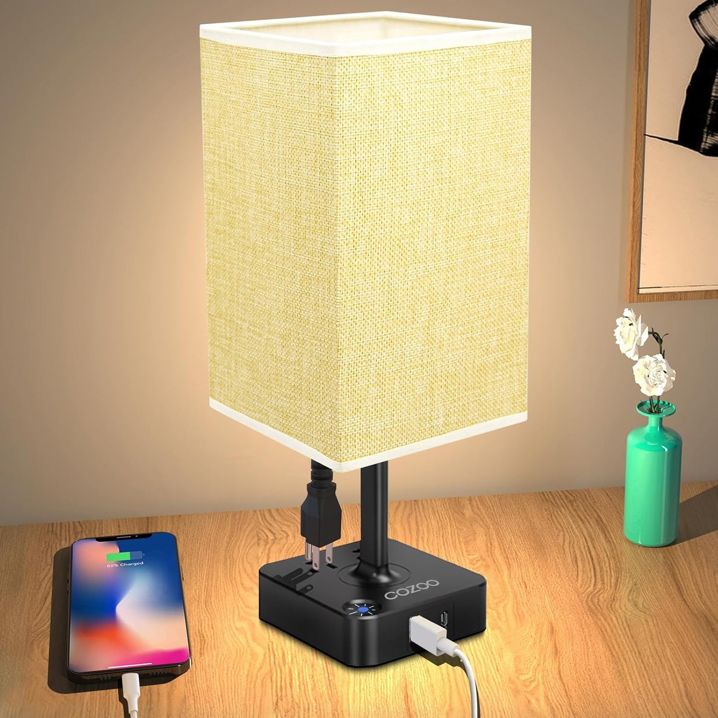 Table Lamp Dimmable  USB Bedside Table Desk Lamp with 2 USB Charging Port(A+C) 2 Outlet,Nightstand Lamp with Charger Base White Fabric Shade,Led Touch Lamp for Bedroom/Livingroom/Dorm/Home Office