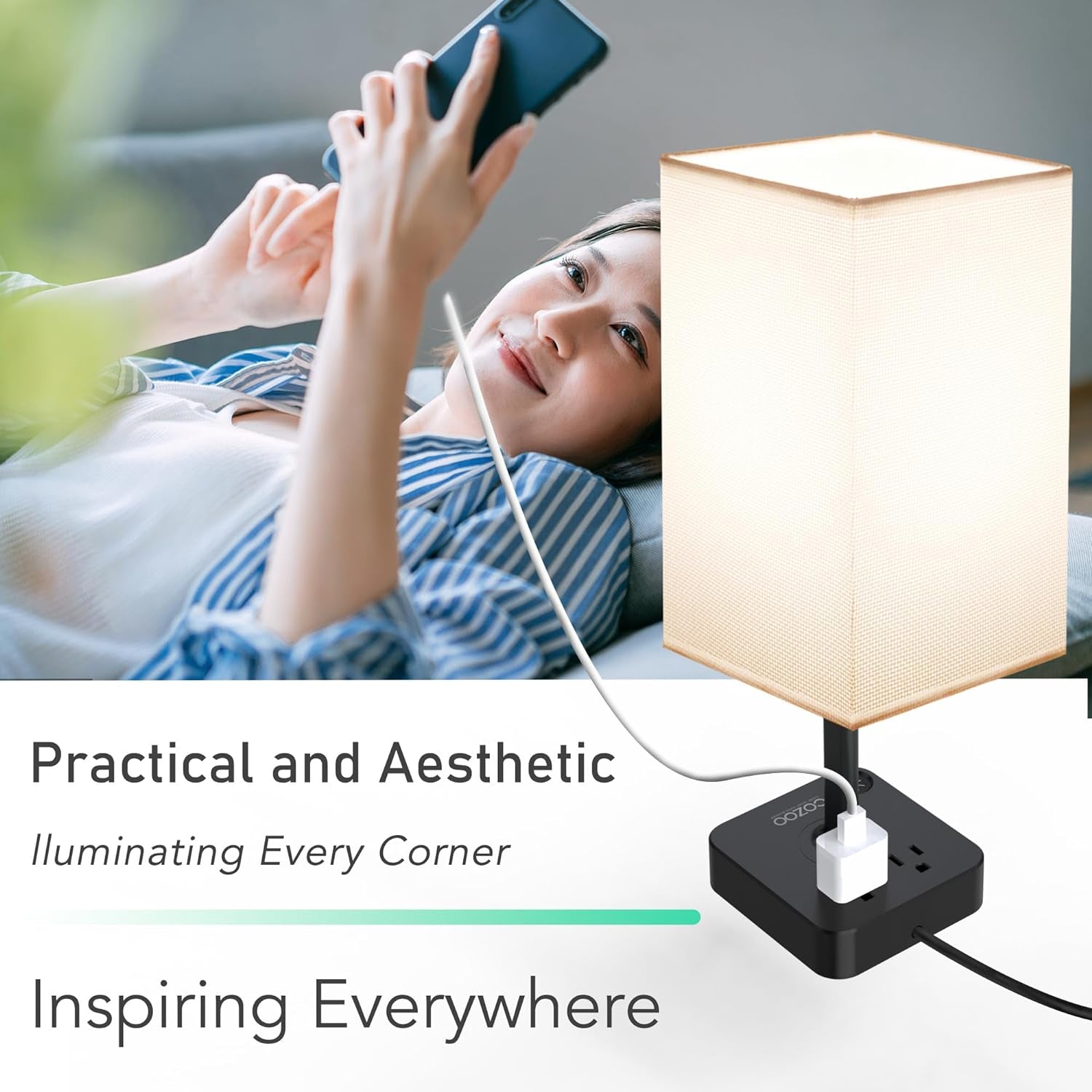 Table Lamp Dimmable  USB Bedside Table Desk Lamp with 2 USB Charging Port(A+C) 2 Outlet,Nightstand Lamp with Charger Base White Fabric Shade,Led Touch Lamp for Bedroom/Livingroom/Dorm/Home Office