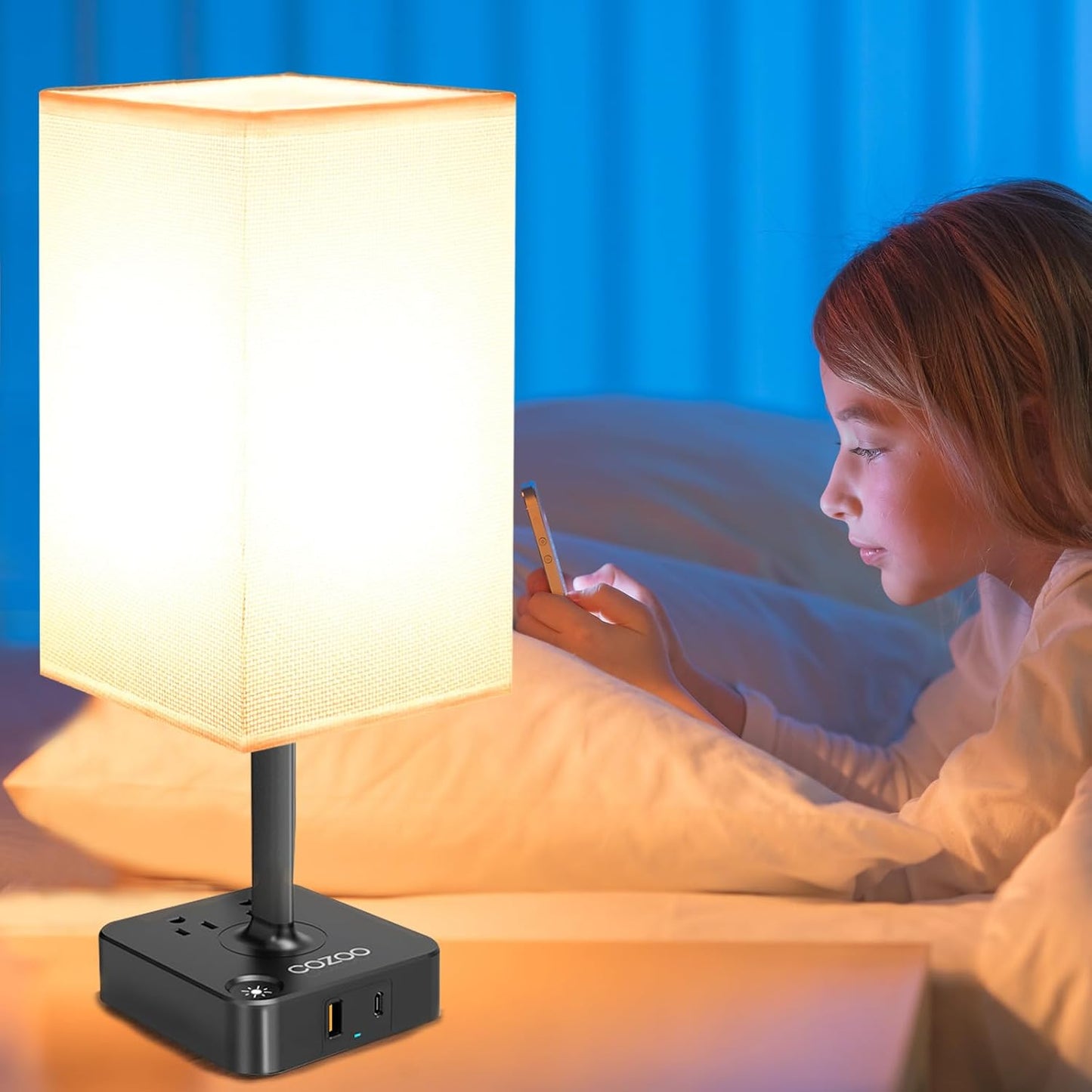 Table Lamp Dimmable  USB Bedside Table Desk Lamp with 2 USB Charging Port(A+C) 2 Outlet,Nightstand Lamp with Charger Base White Fabric Shade,Led Touch Lamp for Bedroom/Livingroom/Dorm/Home Office