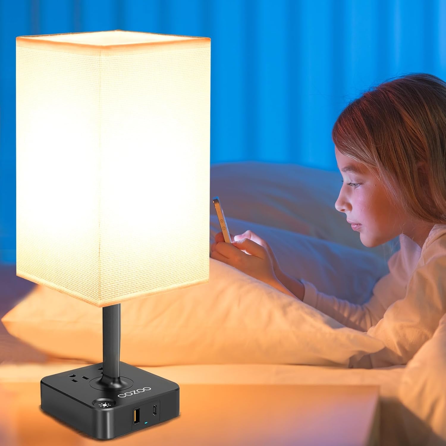 Table Lamp Dimmable  USB Bedside Table Desk Lamp with 2 USB Charging Port(A+C) 2 Outlet,Nightstand Lamp with Charger Base White Fabric Shade,Led Touch Lamp for Bedroom/Livingroom/Dorm/Home Office