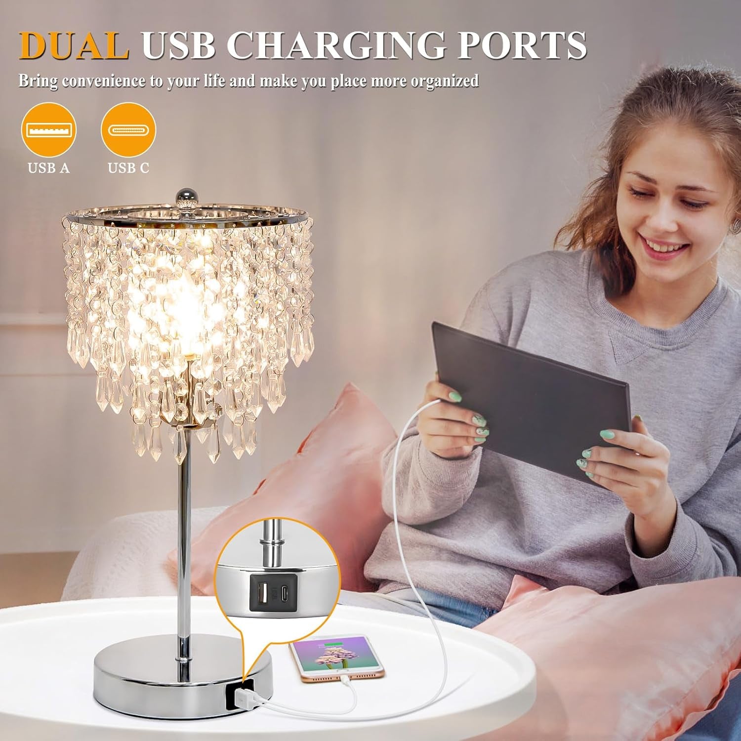 Touch Control Crystal Table Lamp with USB C+A Charging Ports, 3-Way Dimmable Bedside Touch Lamp Decorative Nightstand Lamp with Elegant Lamp Shade for Living Room Bedroom, B11 LED Bulb Included