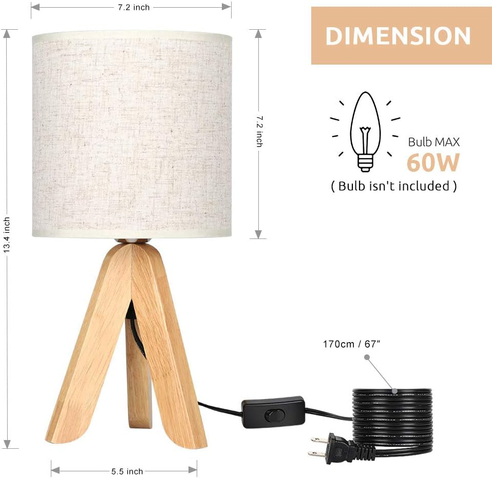 Small Bedside Table Lamp - Wooden Tripod Nightstand Lamp for Bedroom, Living Room, Office, Home with Fabric Linen Shade - 13.4 Inches (Without Bulb)