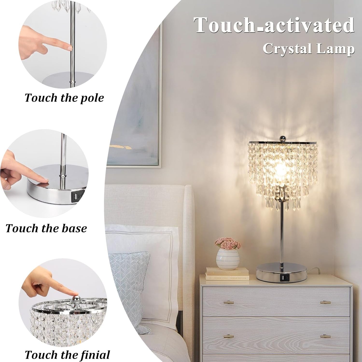 Touch Control Crystal Table Lamp with USB C+A Charging Ports, 3-Way Dimmable Bedside Touch Lamp Decorative Nightstand Lamp with Elegant Lamp Shade for Living Room Bedroom, B11 LED Bulb Included