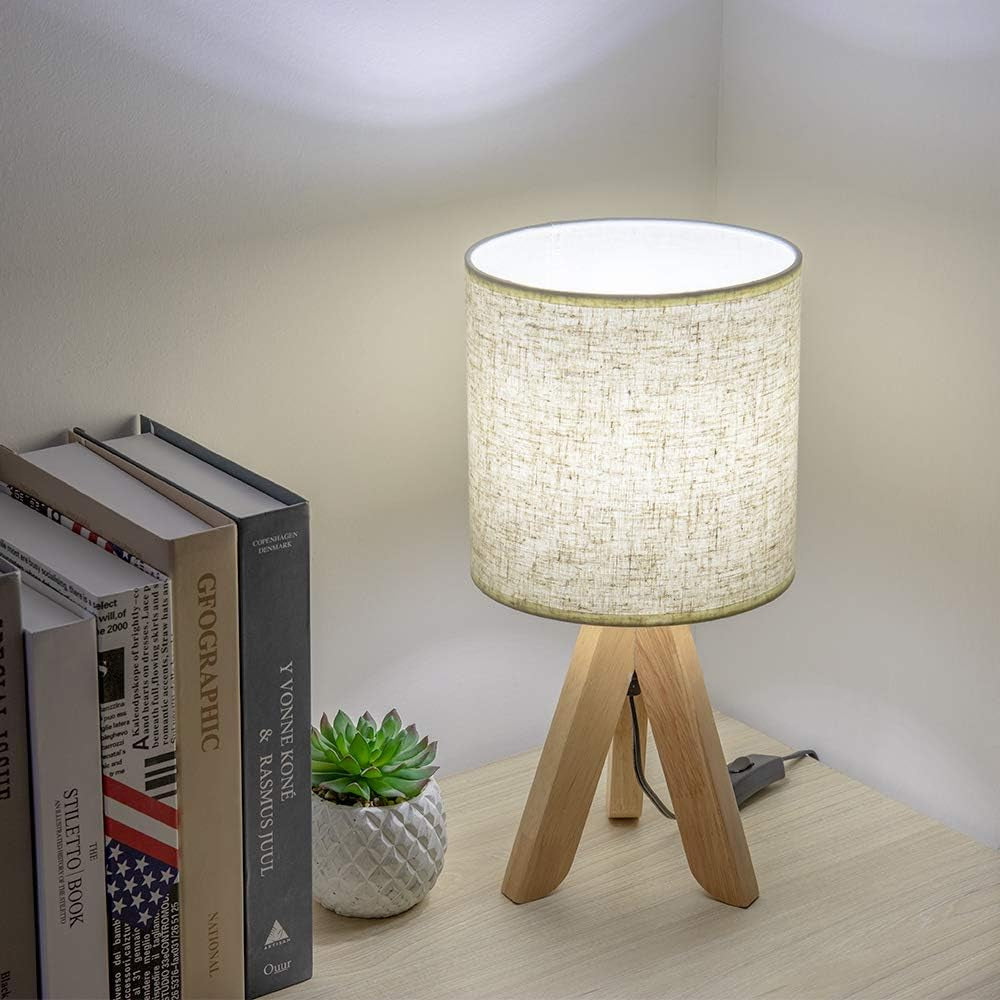 Small Bedside Table Lamp - Wooden Tripod Nightstand Lamp for Bedroom, Living Room, Office, Home with Fabric Linen Shade - 13.4 Inches (Without Bulb)