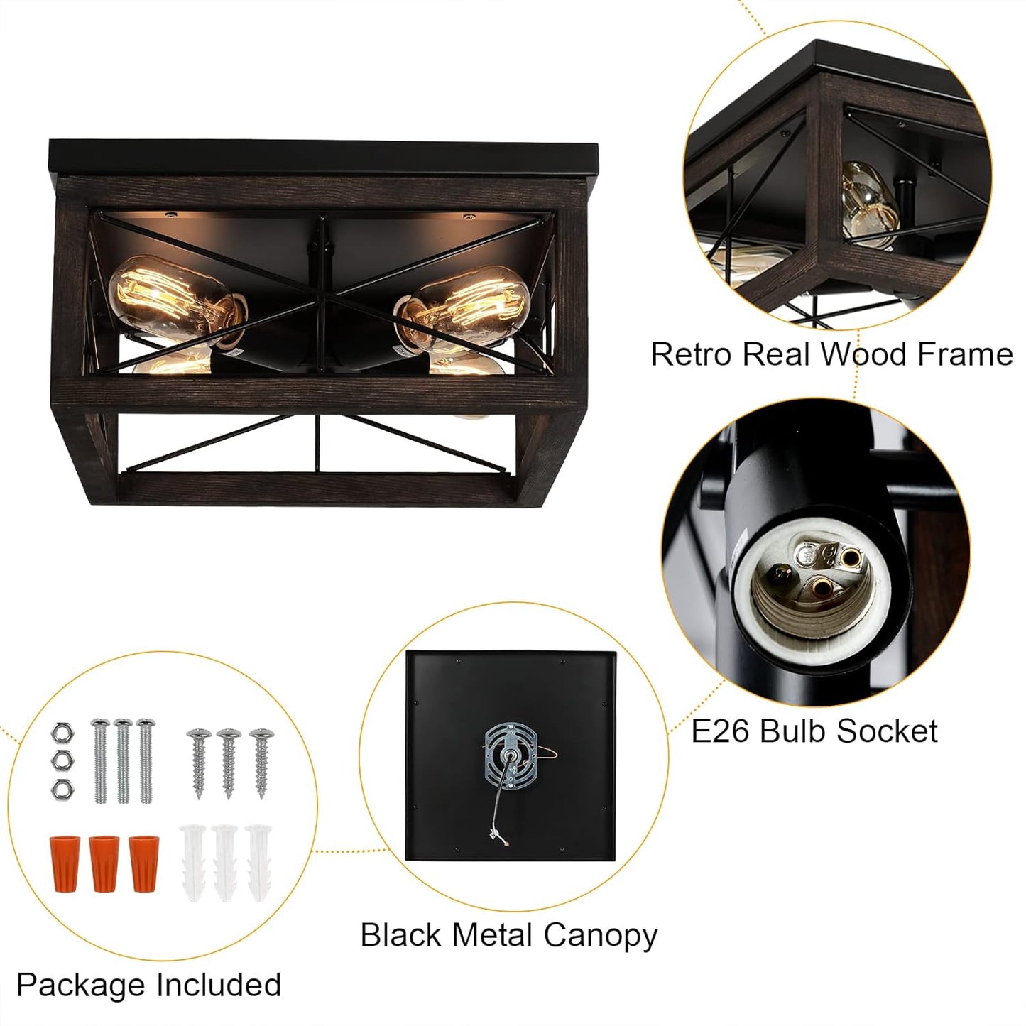 Wooden Flush Mount Ceiling Light, 4-Light Rustic Farmhouse Light Fixtures, Industrial Square Ceiling Light Fixture with E26 Socket for Kitchen Entryway Living Room Dining Room Bedroom