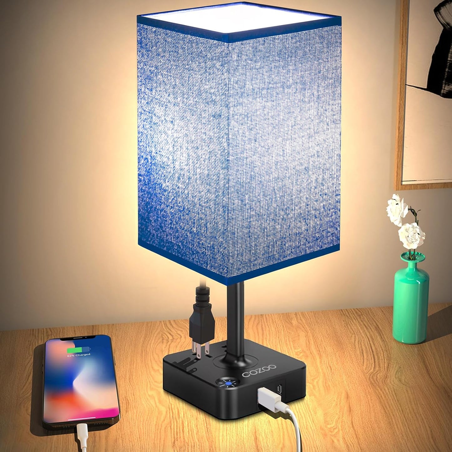 Table Lamp Dimmable  USB Bedside Table Desk Lamp with 2 USB Charging Port(A+C) 2 Outlet,Nightstand Lamp with Charger Base White Fabric Shade,Led Touch Lamp for Bedroom/Livingroom/Dorm/Home Office