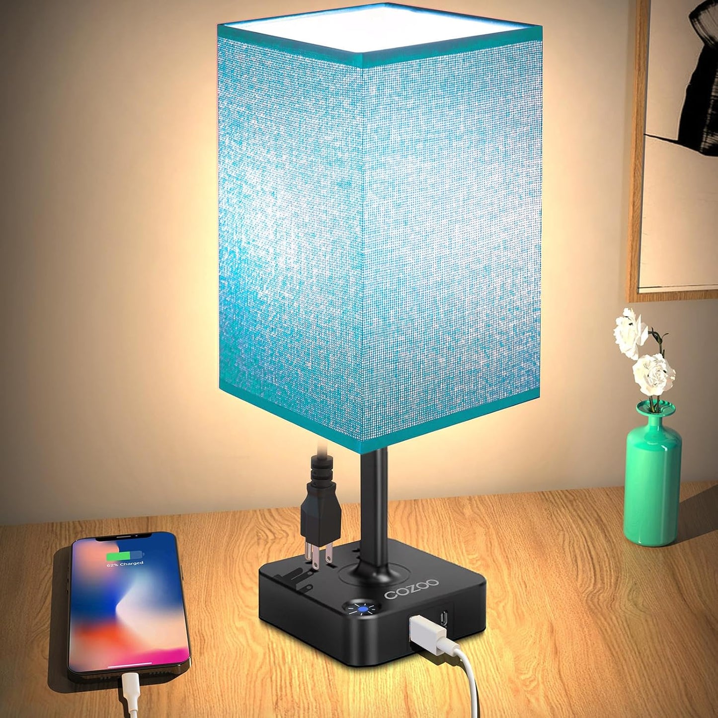 Table Lamp Dimmable  USB Bedside Table Desk Lamp with 2 USB Charging Port(A+C) 2 Outlet,Nightstand Lamp with Charger Base White Fabric Shade,Led Touch Lamp for Bedroom/Livingroom/Dorm/Home Office