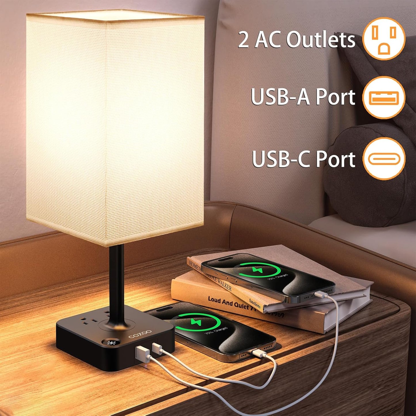 Table Lamp Dimmable  USB Bedside Table Desk Lamp with 2 USB Charging Port(A+C) 2 Outlet,Nightstand Lamp with Charger Base White Fabric Shade,Led Touch Lamp for Bedroom/Livingroom/Dorm/Home Office