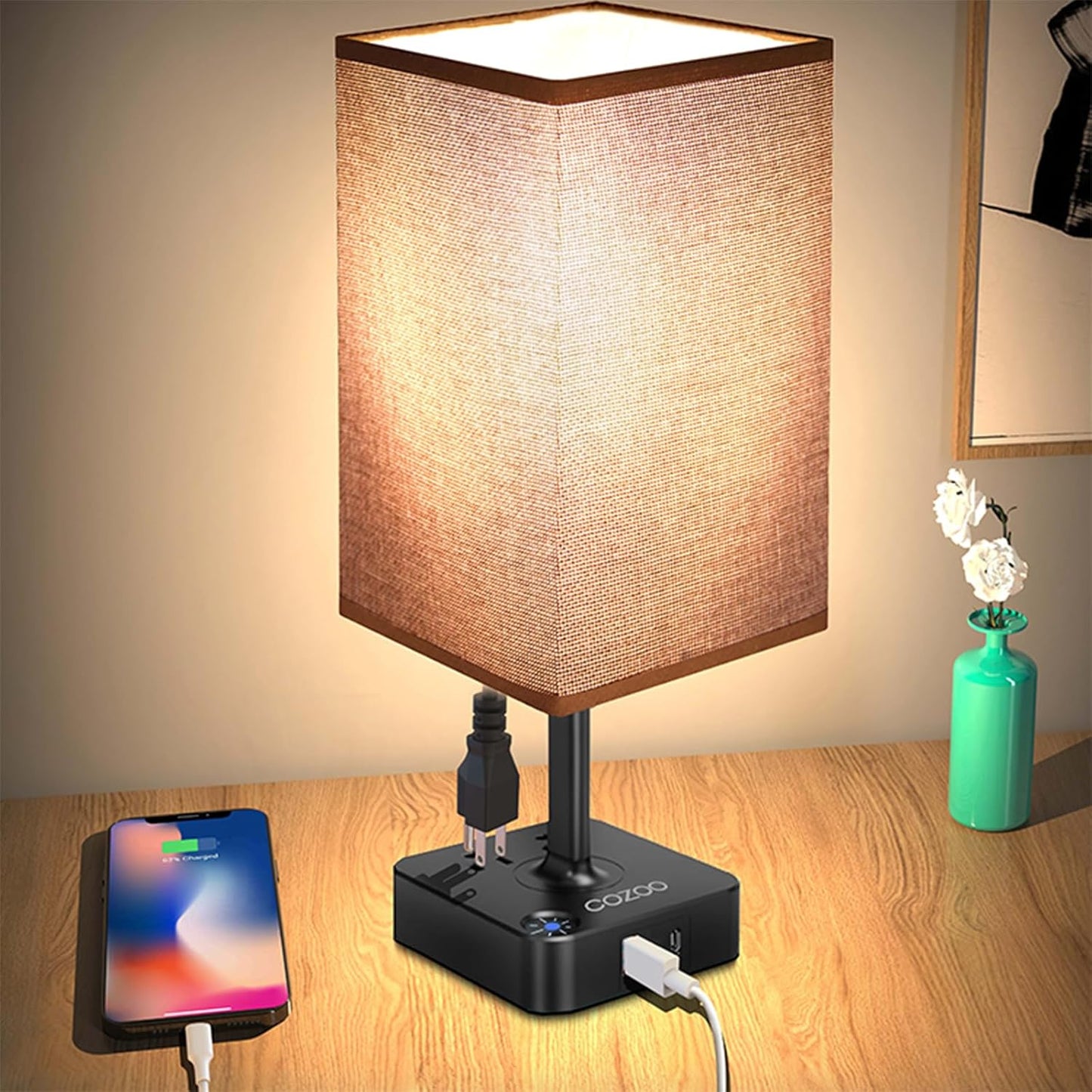 Table Lamp Dimmable  USB Bedside Table Desk Lamp with 2 USB Charging Port(A+C) 2 Outlet,Nightstand Lamp with Charger Base White Fabric Shade,Led Touch Lamp for Bedroom/Livingroom/Dorm/Home Office