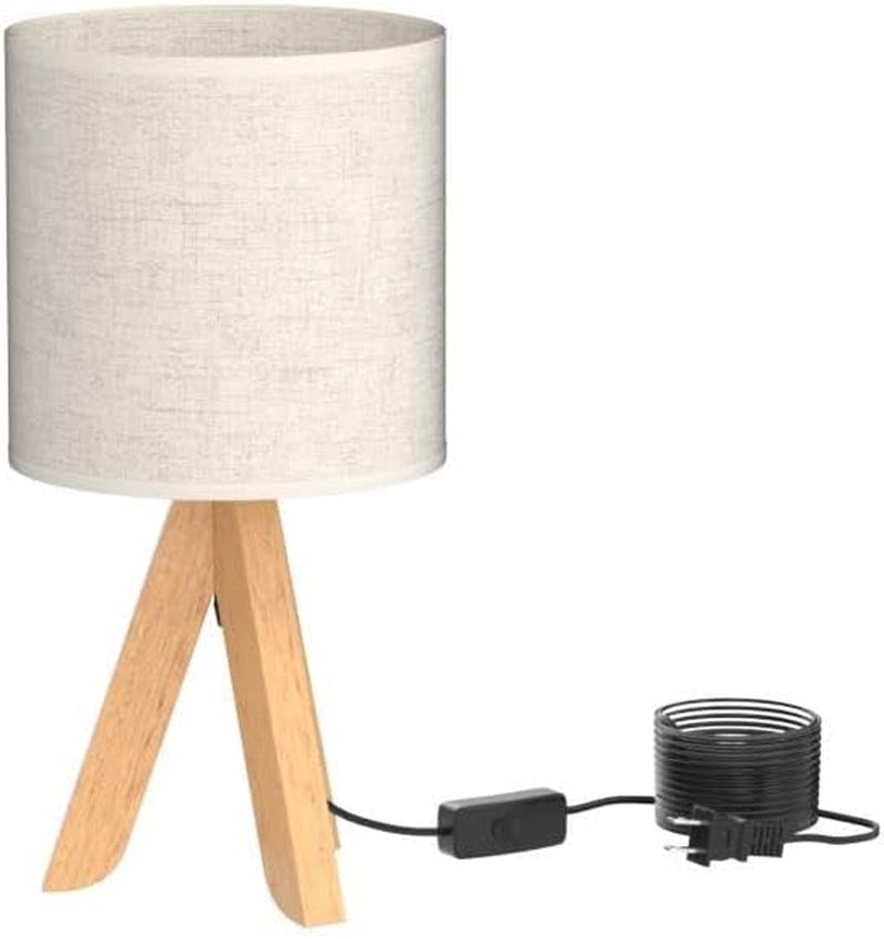 Small Bedside Table Lamp - Wooden Tripod Nightstand Lamp for Bedroom, Living Room, Office, Home with Fabric Linen Shade - 13.4 Inches (Without Bulb)