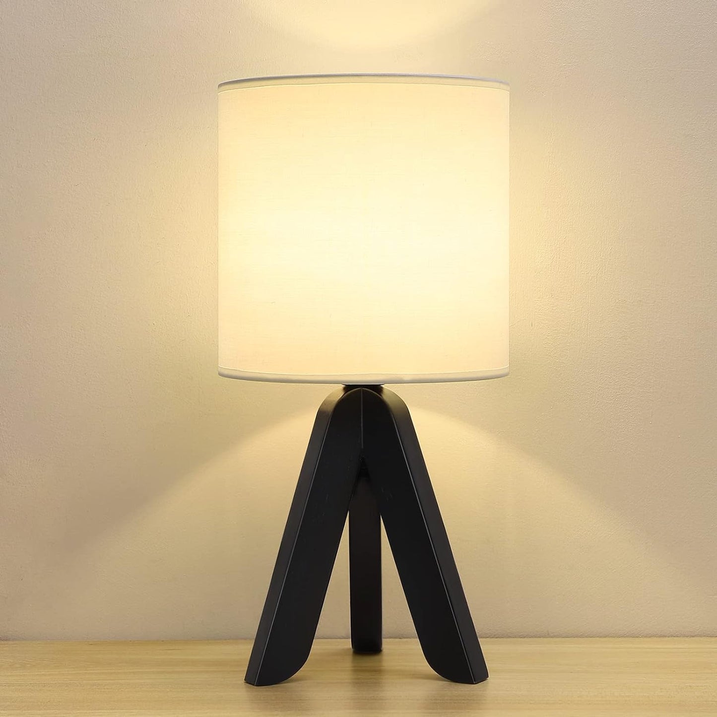 Small Bedside Table Lamp - Wooden Tripod Nightstand Lamp for Bedroom, Living Room, Office, Home with Fabric Linen Shade - 13.4 Inches (Without Bulb)