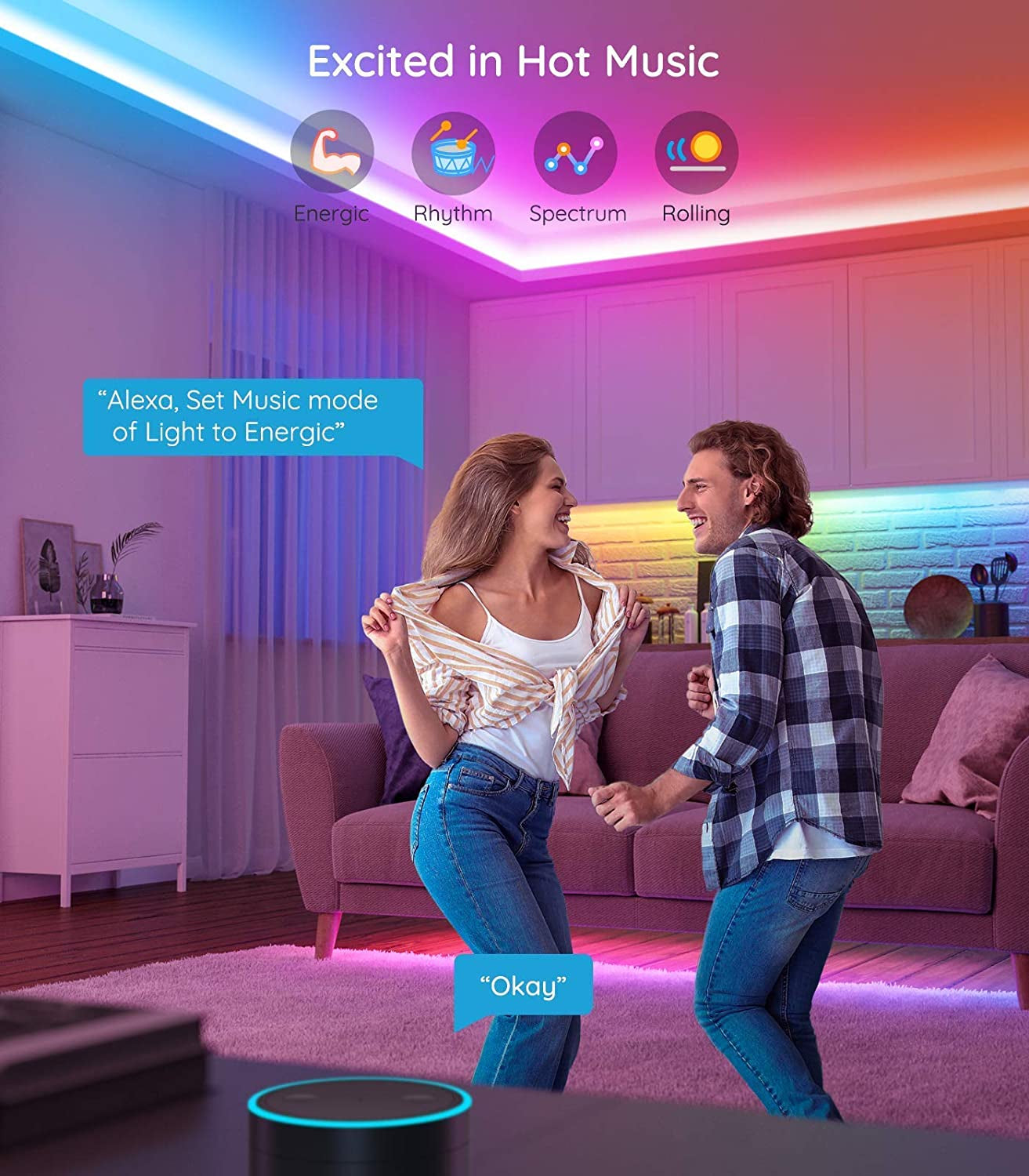 32.8Ft RGBIC LED Strip Lights, Wifi Color Changing LED Lights Segmented Control, Work with Alexa and Google Assistant, Music LED Lights for Bedroom, Kitchen, Party, 2X16.4Ft